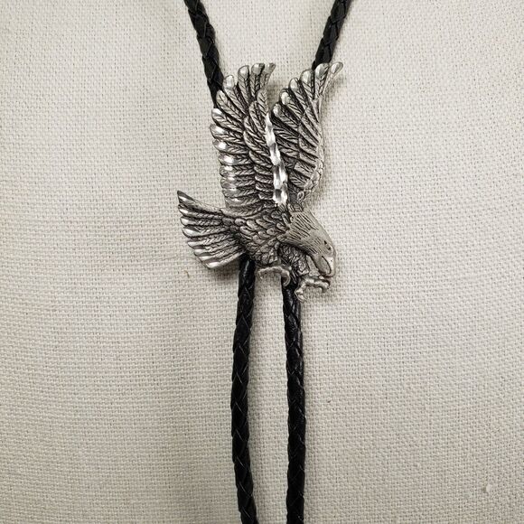Vintage Quality Western Bald Eagle Pewter Bolo Tie Signed  Vintage1989 Western Pewter Diamond Cut Eagle Bolo Tie Signed EJC Bolo Tie Slider